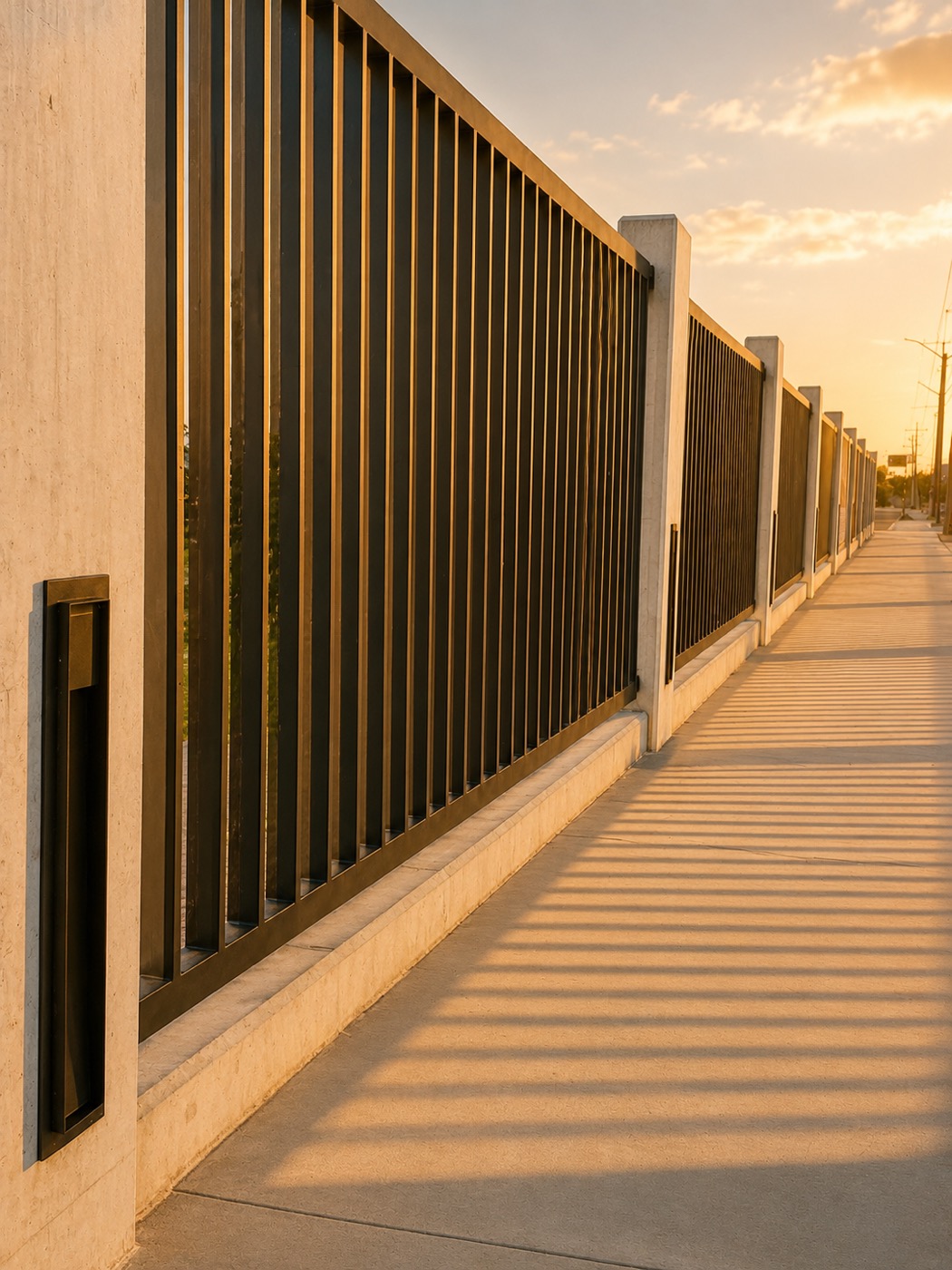 Reja metálica sobre muro de concreto al atardecer